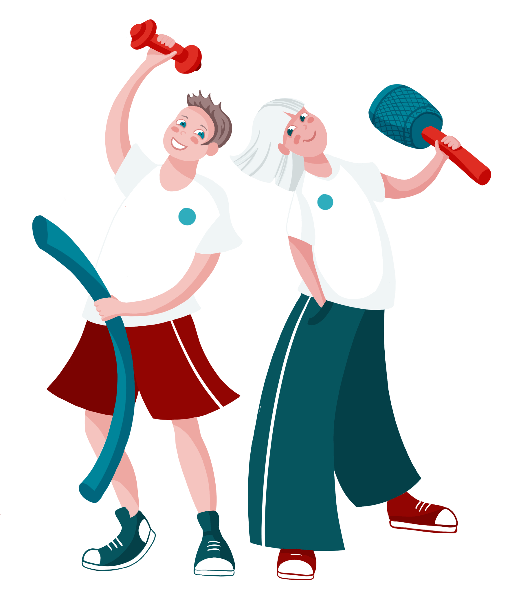 A cartoon illustration of two people holding dumbbells.